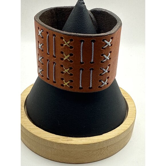 Handcrafted Adjustable Brown Leather Cuff Bracelet Decorative Stitching - Picture 1 of 7
